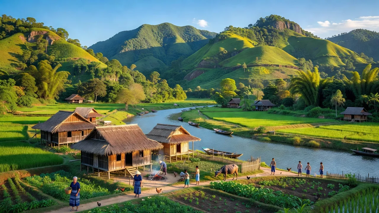 Khung cảnh Xã Kim Thủy, huyện Lệ Thủy với núi non xanh, cuộc sống người Bru Vân Kiều.