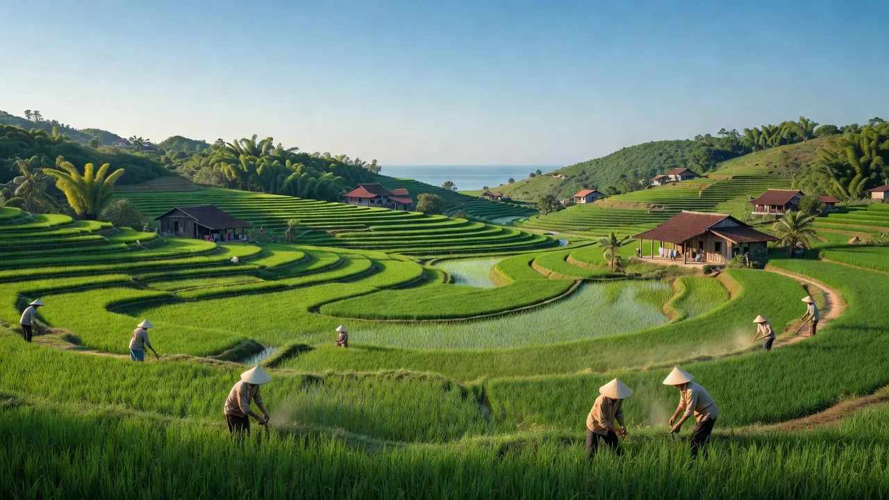 Cảnh sắc thanh bình xã Lâm Thủy, huyện Lệ Thủy, tỉnh Quảng Bình với cánh đồng xanh và nhà truyền thống.