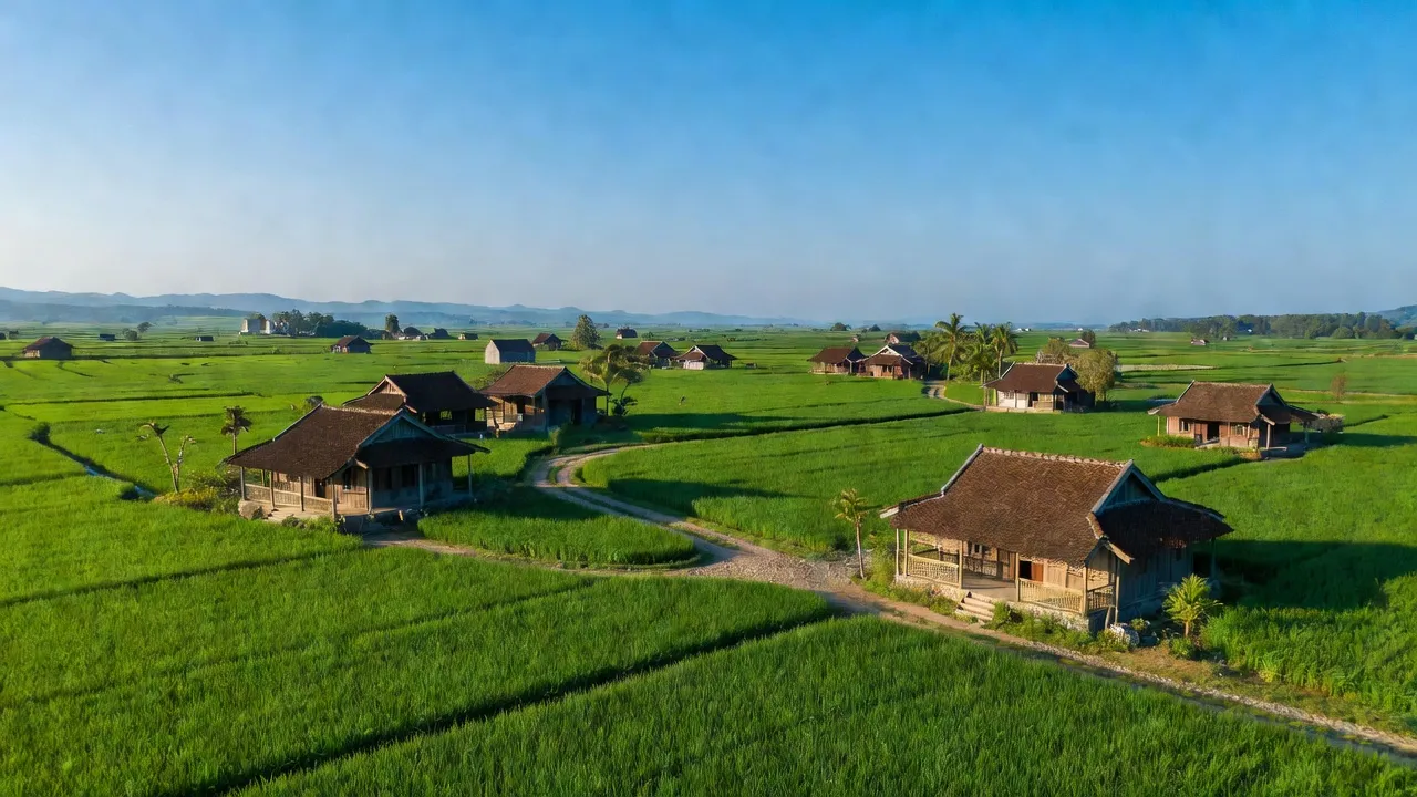 Cảnh đẹp xã Liên Thủy, huyện Lệ Thủy với cánh đồng xanh và nhà truyền thống, Quảng Bình.