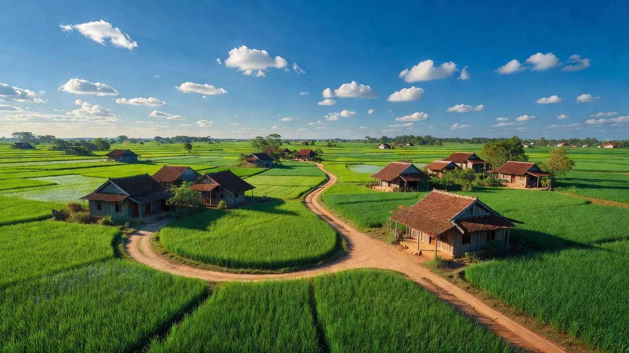 Cảnh quan nông thôn ở xã Liên Thủy, huyện Lệ Thủy, tỉnh Quảng Bình với nhà truyền thống và đồng xanh.