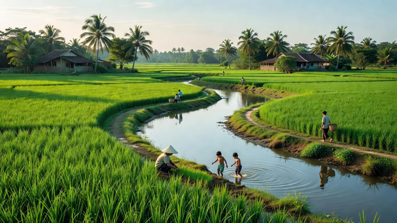 Khung cảnh xã Lộc Thủy, huyện Lệ Thủy, tỉnh Quảng Bình với đồng ruộng xanh mát và sông nước.