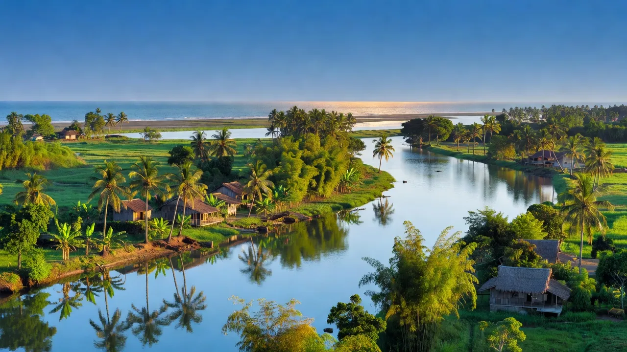 Ngân Thủy, Lệ Thủy, Quảng Bình: Coastal landscape with rivers and greenery under blue sky.