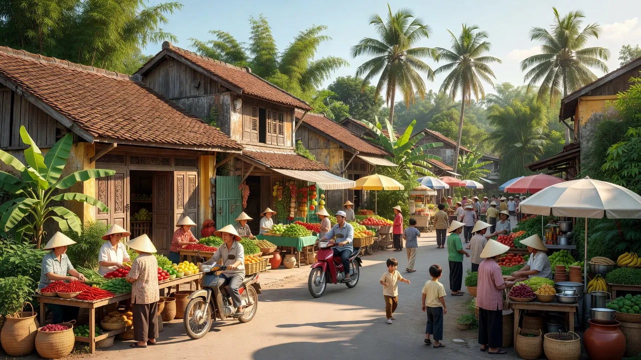 Khung cảnh thị trấn NT Lệ Ninh, huyện Lệ Thủy, xanh tươi và nhộn nhịp với người dân.