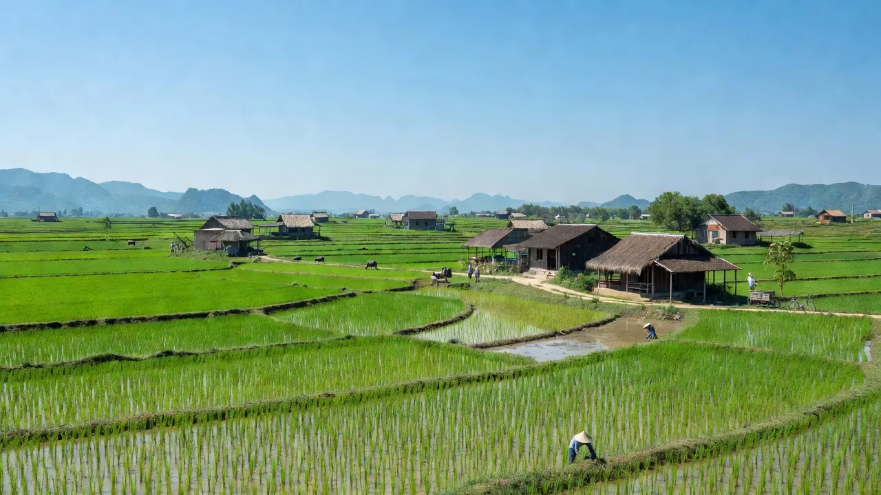 Phong Thủy, Lệ Thủy, Quảng Bình with lush rice fields and traditional rural houses.