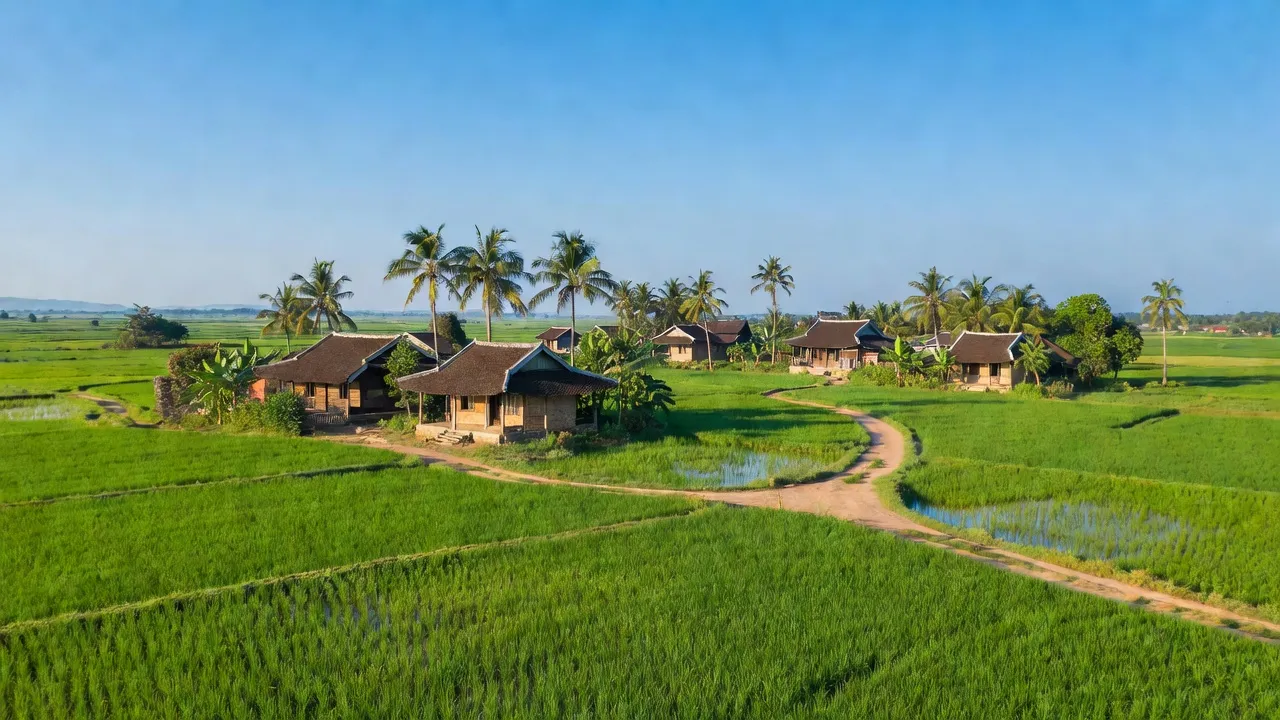 Cảnh đẹp Xã Phú Thủy, huyện Lệ Thủy, tỉnh Quảng Bình với cánh đồng xanh tươi và nhà truyền thống.