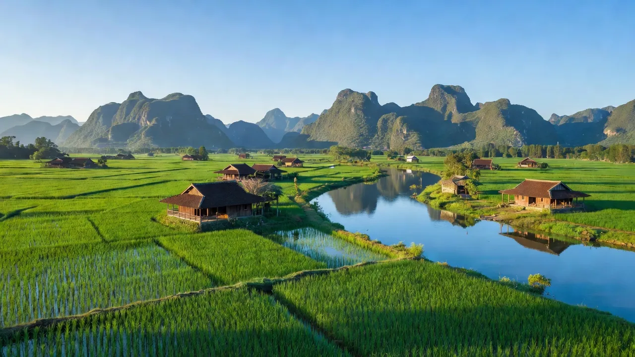 Cảnh quan xanh tươi của xã Sen Thủy, huyện Lệ Thủy, tỉnh Quảng Bình, với đồng lúa và nhà truyền thống.