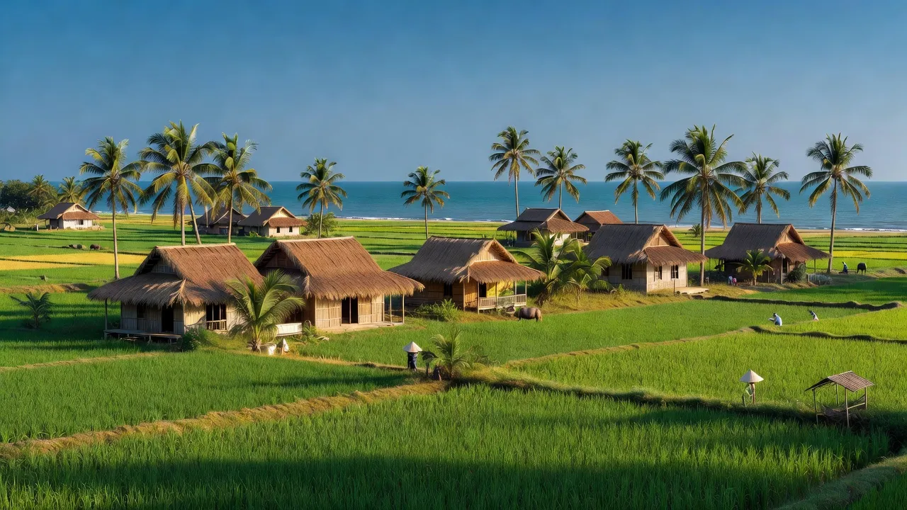 Quang cảnh xã Sơn Thủy, huyện Lệ Thủy, tỉnh Quảng Bình với nhà tranh và đồng xanh.