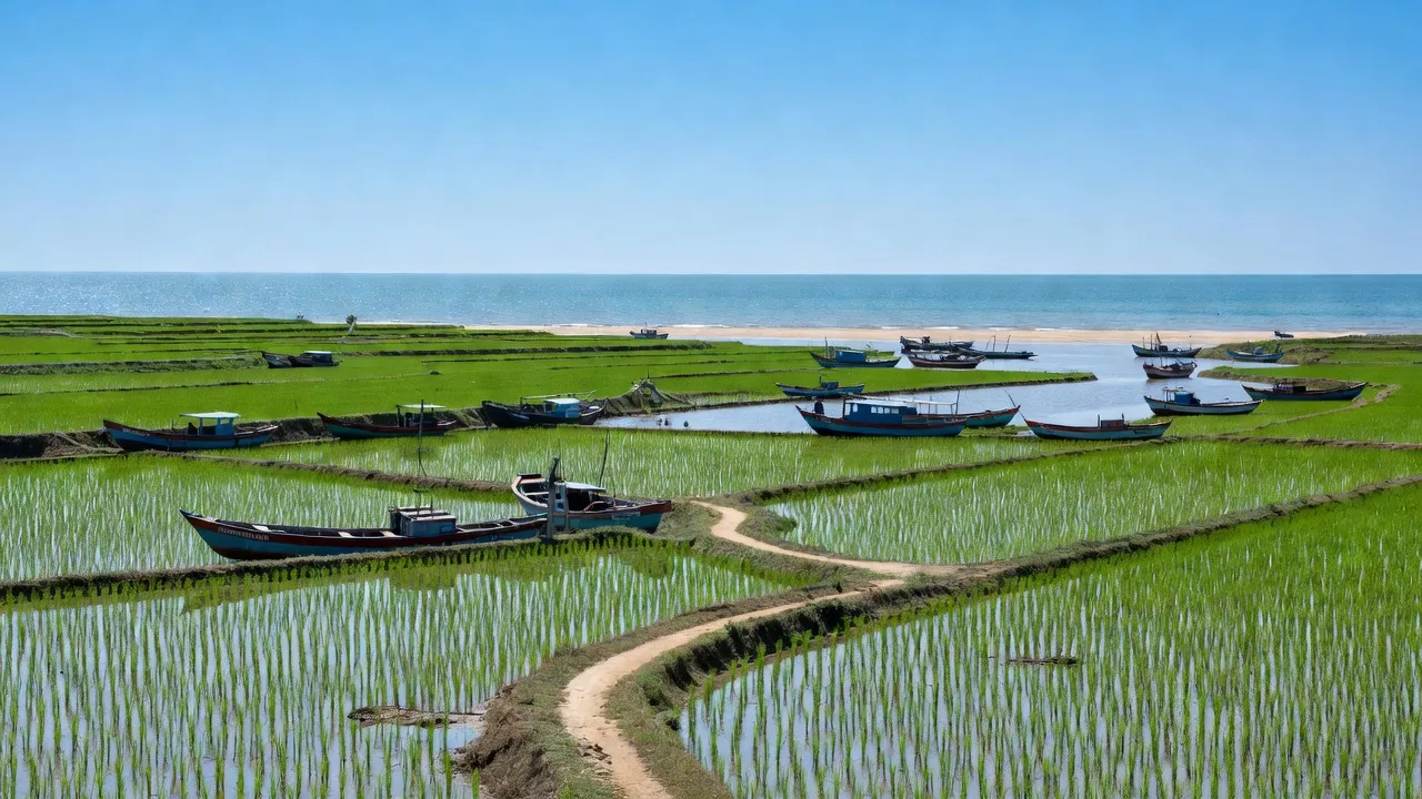 Cảnh đẹp xã Tân Thủy, huyện Lệ Thủy, Quảng Bình với đồng xanh và biển Đông.