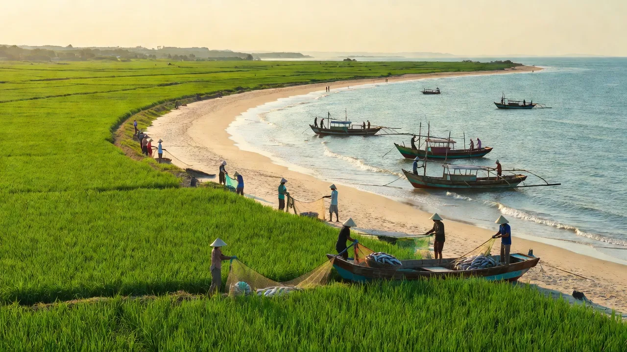 Khung cảnh xã Tân Thủy, huyện Lệ Thủy, Quảng Bình với nông nghiệp và biển Đông, ánh sáng đẹp.