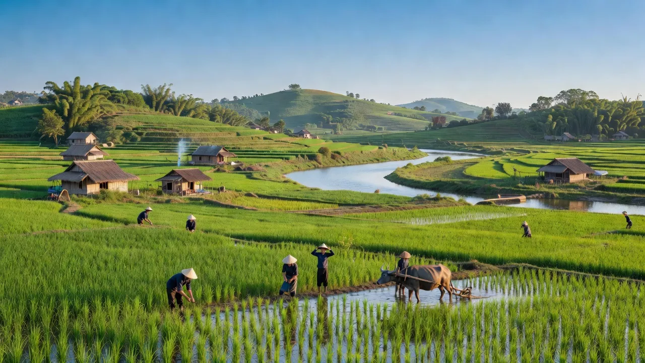 Cảnh đẹp xã Thái Thủy, huyện Lệ Thủy, tỉnh Quảng Bình với cánh đồng xanh và núi non