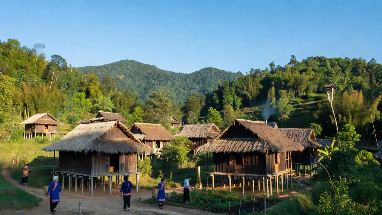 Khung cảnh bình yên xã Dân Hóa, huyện Minh Hóa, tỉnh Quảng Bình với núi non và nhà truyền thống.