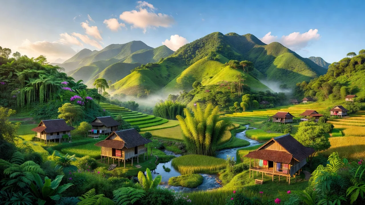 Khung cảnh Xã Hóa Sơn, Huyện Minh Hóa, tỉnh Quảng Bình với núi xanh và nhà dân tộc.