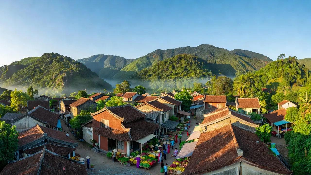 Quy Đạt town in Minh Hóa, Quảng Bình with mountains, traditional architecture, and market activities.