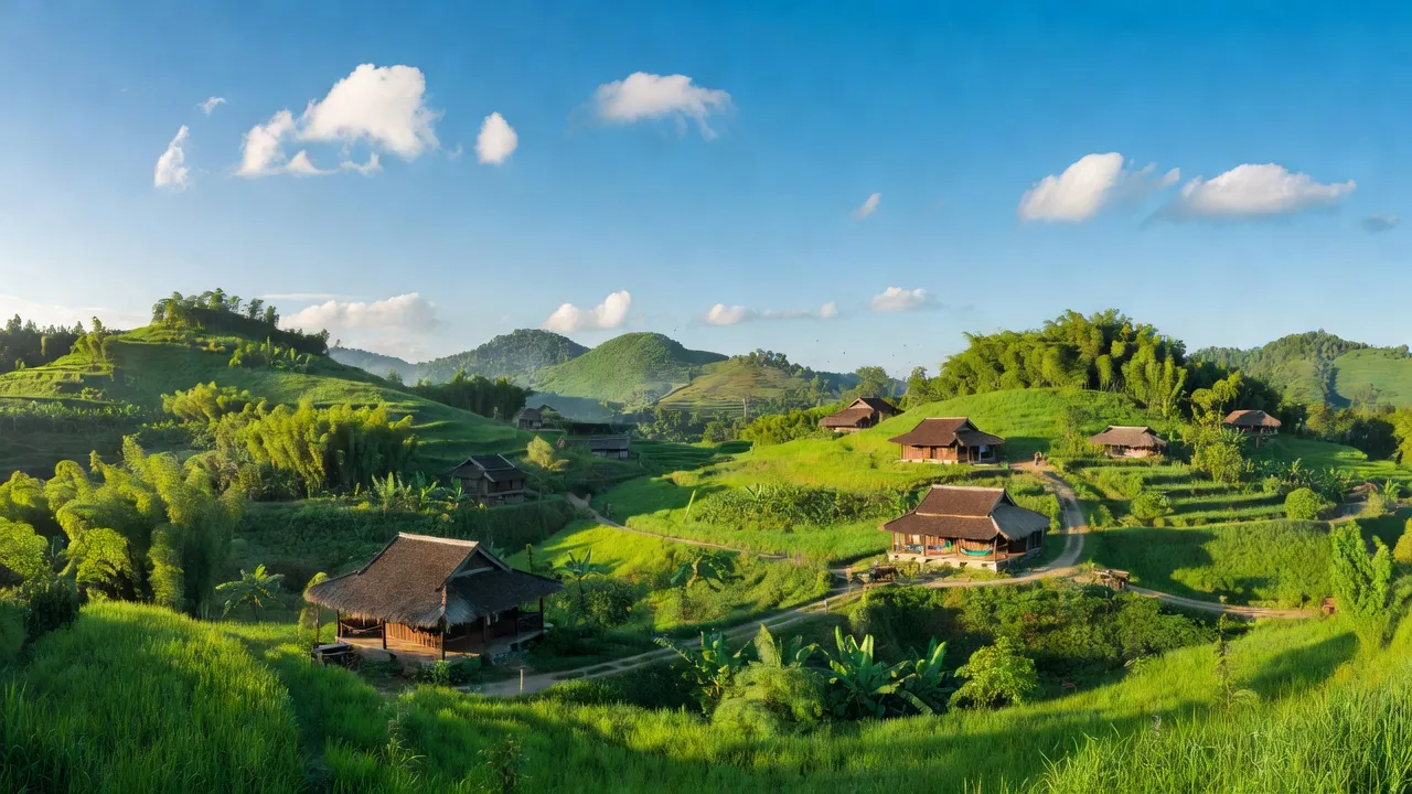 Cảnh quan Tân Thành, Minh Hóa, Quảng Bình với đồi xanh, nhà truyền thống và bầu trời xanh.