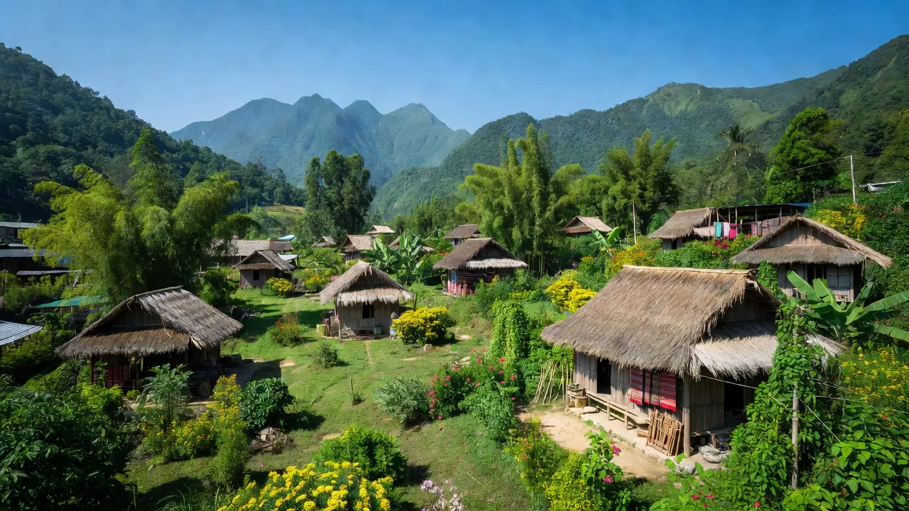 Cảnh đẹp xã Thượng Hóa, huyện Minh Hóa, tỉnh Quảng Bình với núi non và nhà truyền thống.