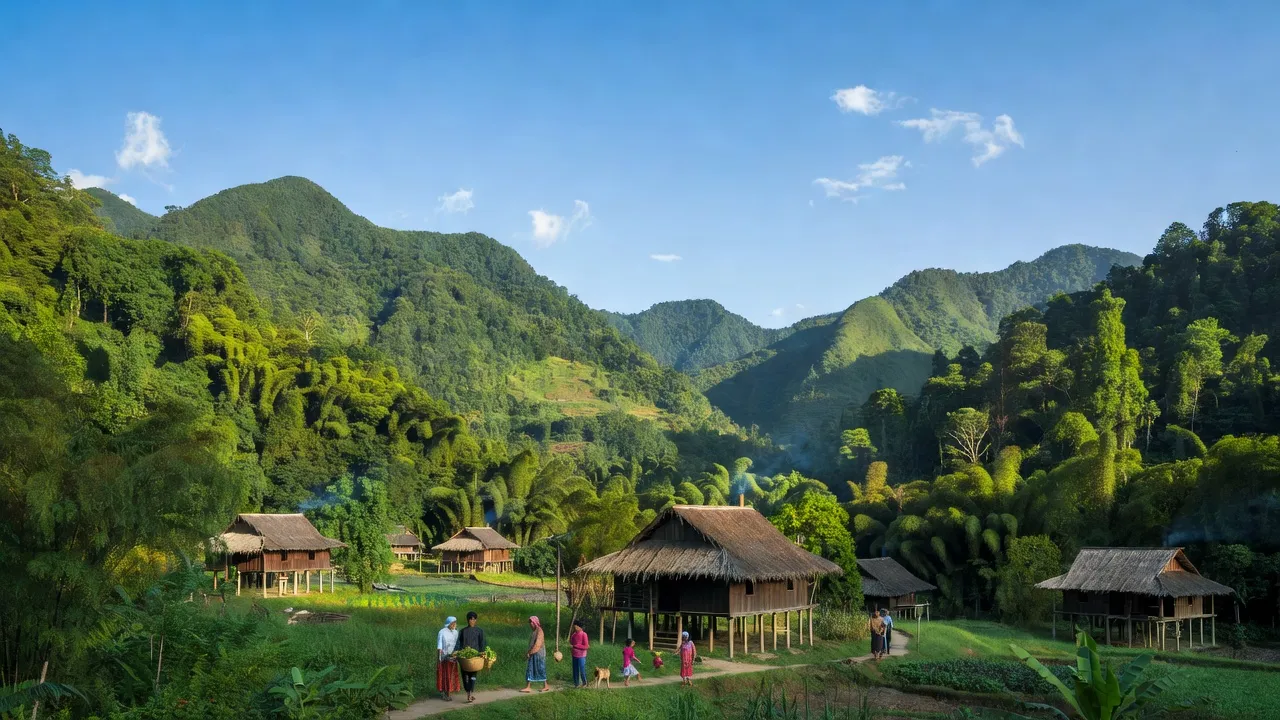 Cảnh quan xã Trọng Hóa, huyện Minh Hóa, tỉnh Quảng Bình với núi rừng xanh, nhà sàn và bầu trời trong.