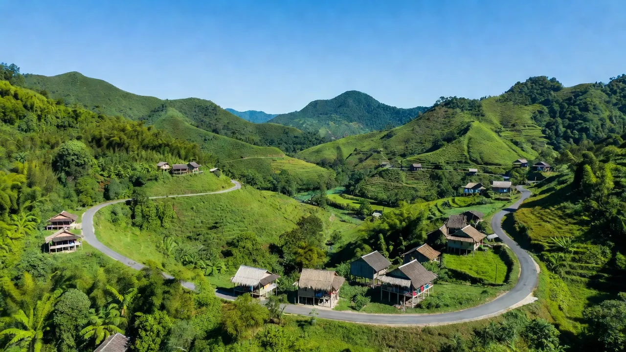 Khung cảnh núi rừng xã Trung Hóa, huyện Minh Hóa, tỉnh Quảng Bình với nhà truyền thống và đường rừng.