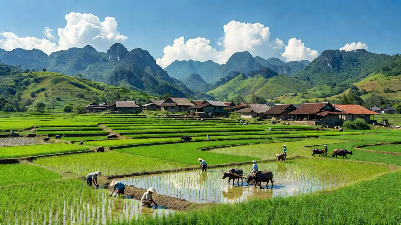 Khu vực Yên Hóa, huyện Minh Hóa, tỉnh Quảng Bình với cánh đồng xanh và kiến trúc nông thôn.