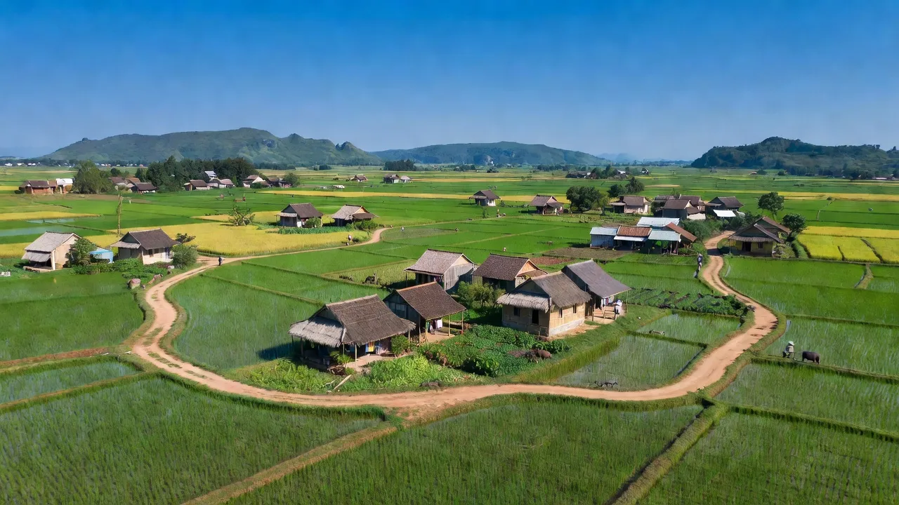 Cảnh đẹp xã An Ninh, huyện Quảng Ninh, tỉnh Quảng Bình với đồng ruộng xanh tươi và nhà truyền thống.