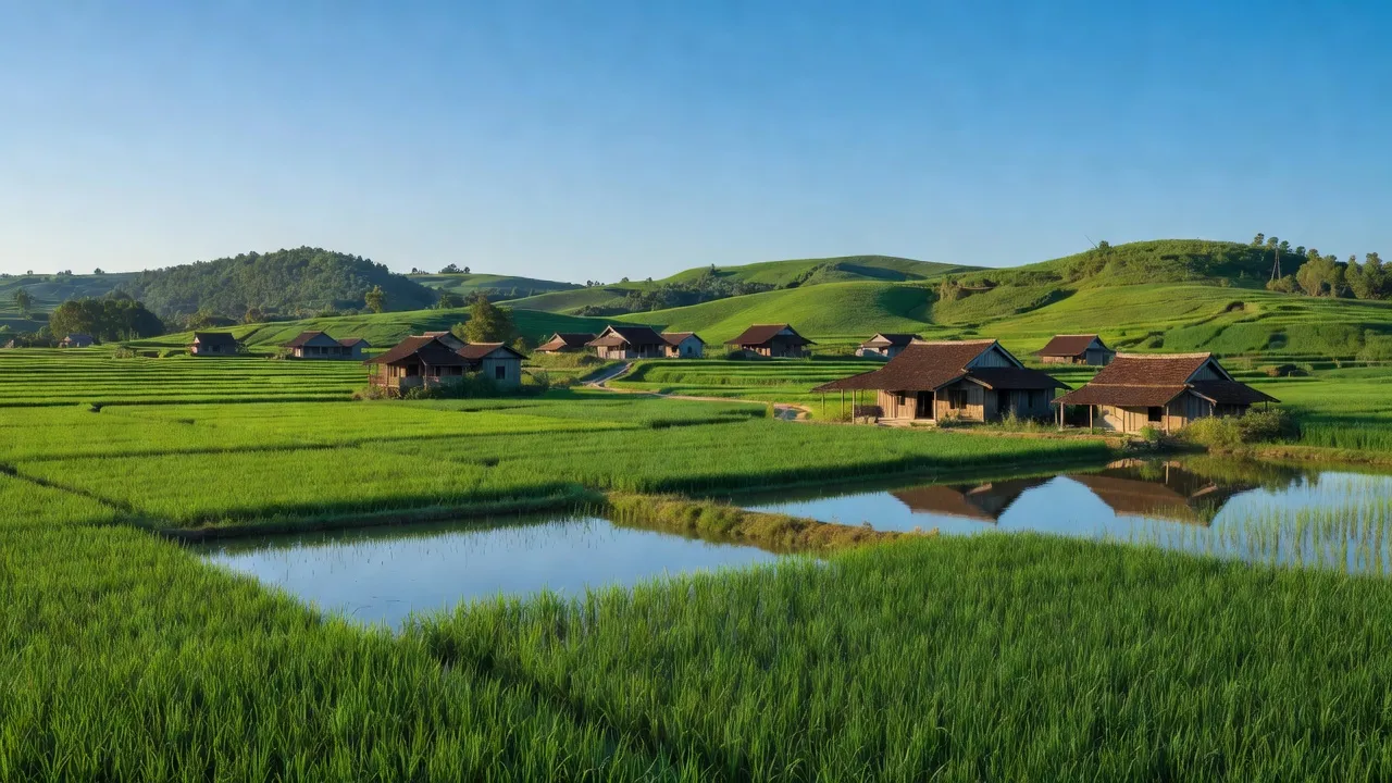 Cảnh làng Duy Ninh, huyện Quảng Ninh, tỉnh Quảng Bình với cánh đồng lúa xanh tươi.