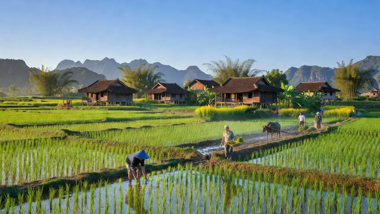 Cảnh quan bình yên xã Duy Ninh, huyện Quảng Ninh, tỉnh Quảng Bình, với ruộng lúa và nhà truyền thống.