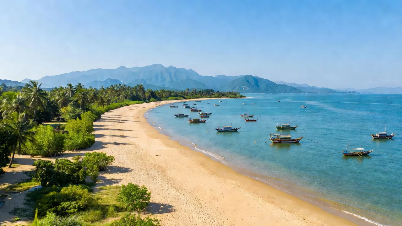 Cảnh biển xã Hàm Ninh, huyện Quảng Ninh, tỉnh Quảng Bình, với bãi biển dài và thuyền đánh cá.