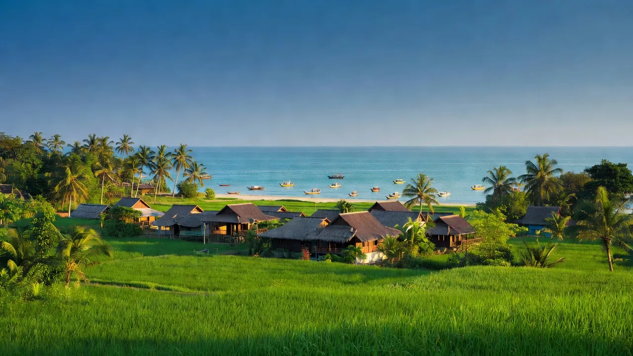 Khung cảnh xã Hàm Ninh, huyện Quảng Ninh, tỉnh Quảng Bình với bờ biển và đồng ruộng xanh tươi.
