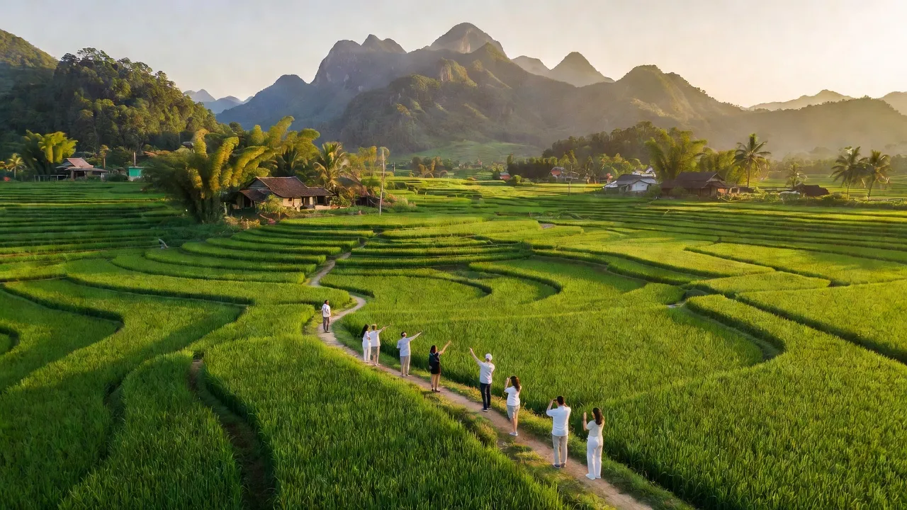 Cảnh đẹp xã Hiền Ninh, huyện Quảng Ninh, tỉnh Quảng Bình với cánh đồng xanh và núi non.