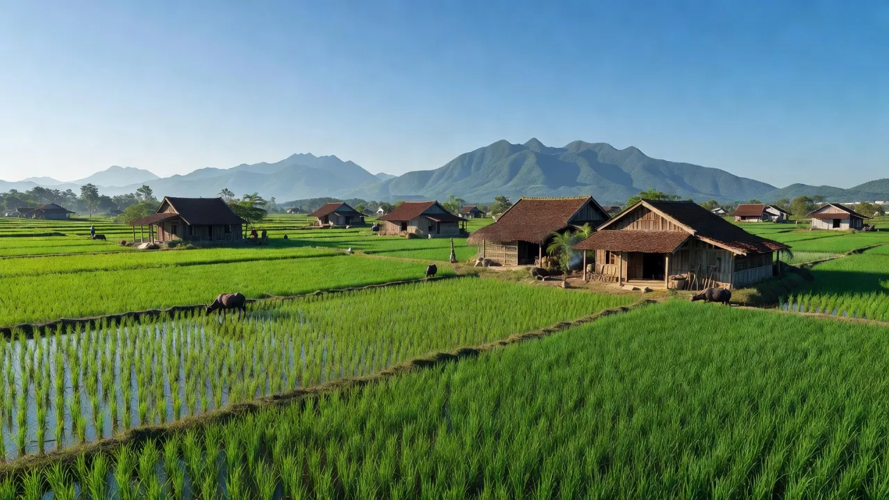Cảnh đẹp xã Hiền Ninh, huyện Quảng Ninh, tỉnh Quảng Bình với ruộng lúa và nhà truyền thống.