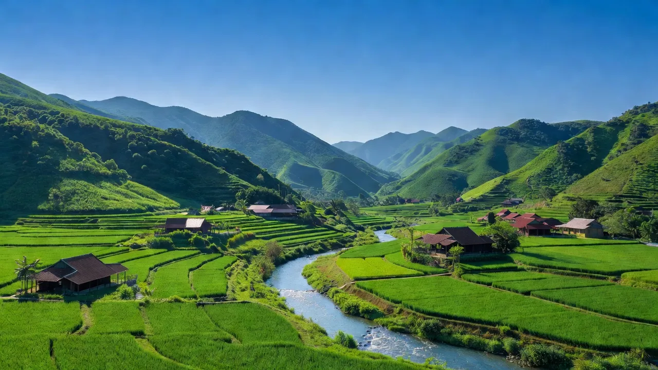 Khung cảnh xã Trường Xuân, huyện Quảng Ninh, tỉnh Quảng Bình, với núi và sông Nhật Lệ.