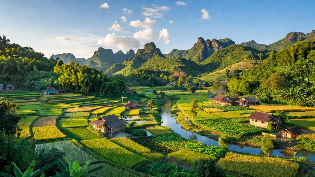 Trường Xuân, Quảng Ninh, Quảng Bình: picturesque mountain village with lush fields and Nhật Lệ River.
