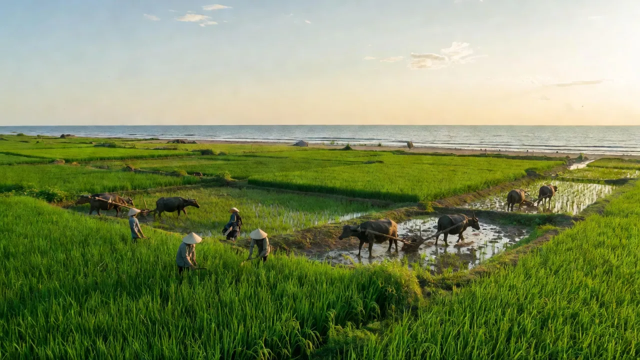 Cảnh đẹp xã Vạn Ninh, huyện Quảng Ninh, tỉnh Quảng Bình với cánh đồng xanh tươi và bầu trời trong trẻo.