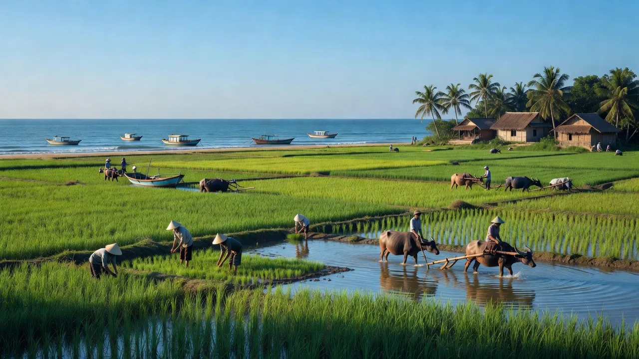Phong cảnh xã Vạn Ninh, huyện Quảng Ninh, tỉnh Quảng Bình với biển và cánh đồng nông nghiệp.