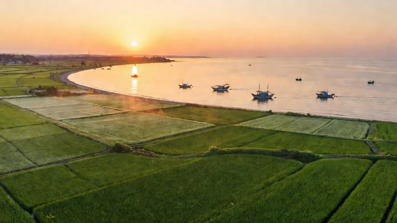 Cảnh đẹp xã Vĩnh Ninh, huyện Quảng Ninh với đồng ruộng và bờ biển tươi đẹp.