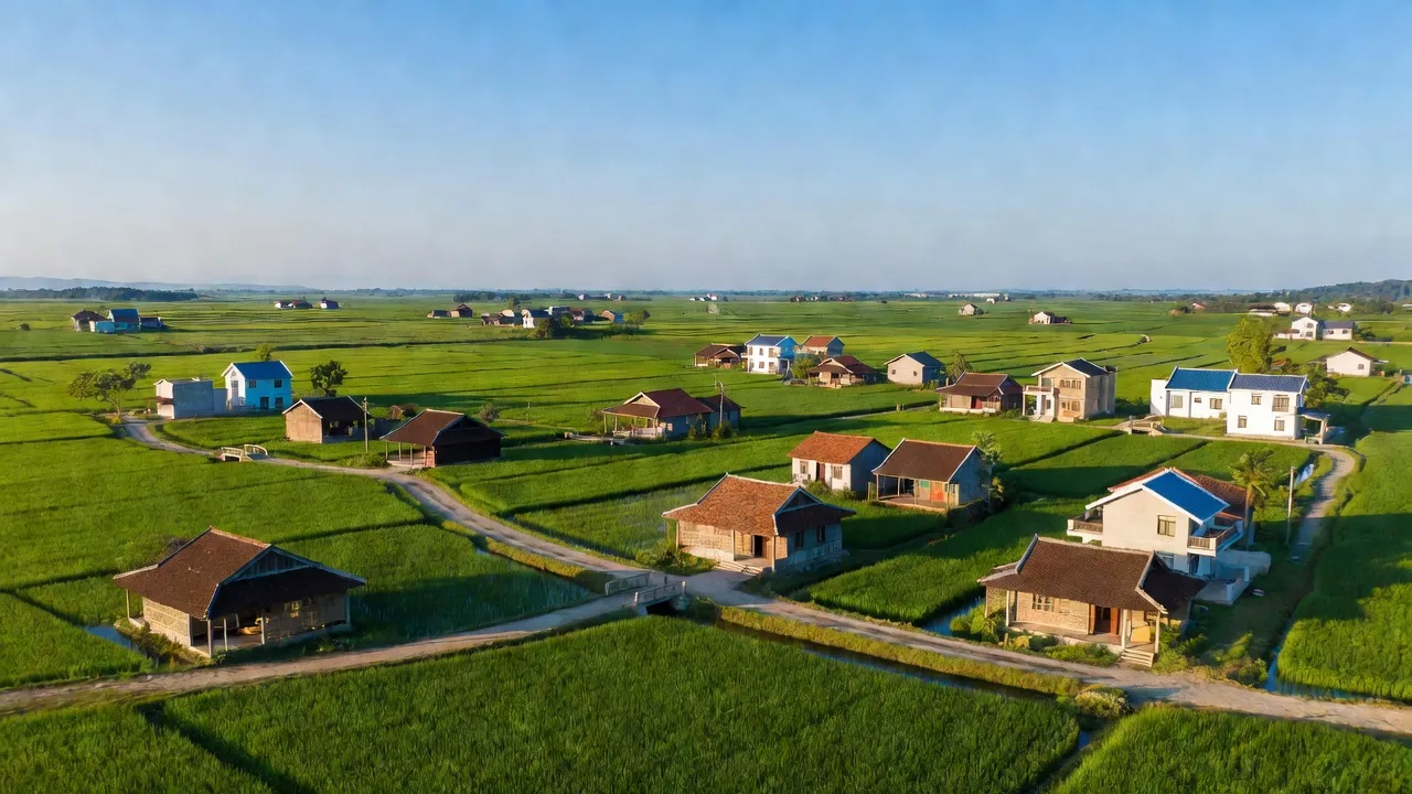 Khung cảnh đẹp xã Võ Ninh, huyện Quảng Ninh, tỉnh Quảng Bình với cánh đồng xanh và nhà truyền thống.