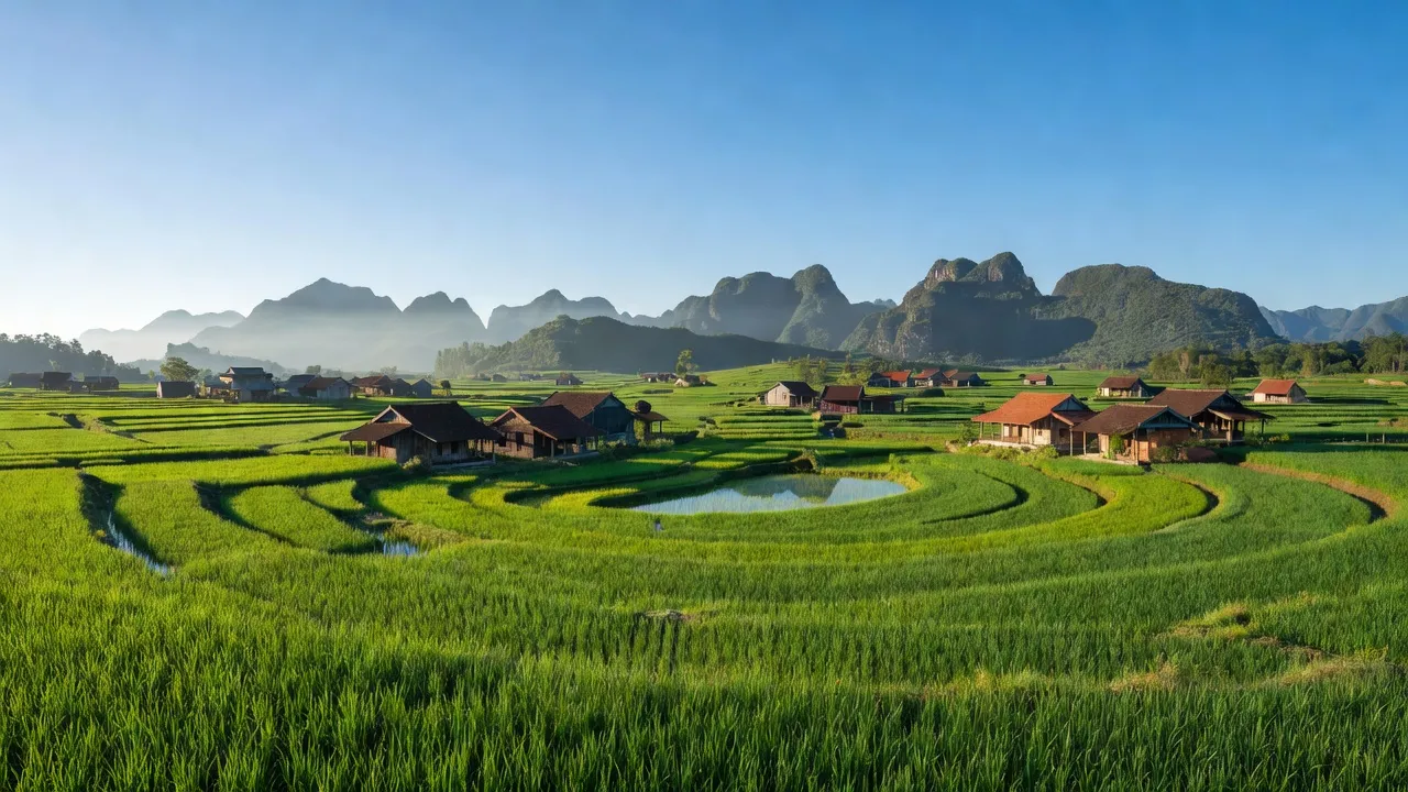 Khung cảnh làng Võ Ninh, huyện Quảng Ninh, tỉnh Quảng Bình với cánh đồng xanh tươi.