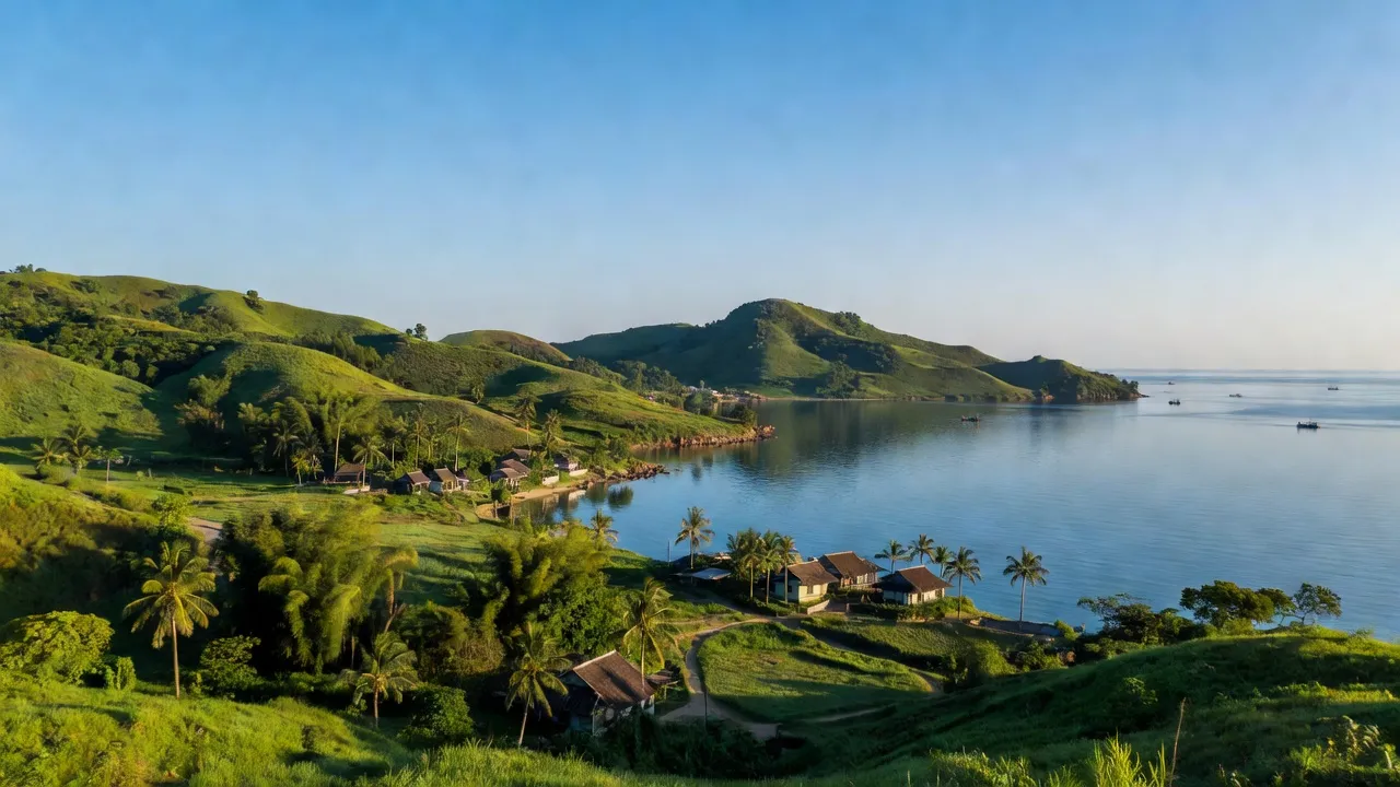 Khung cảnh huyện Quảng Trạch, Quảng Bình với những đồi xanh, bãi biển đẹp và bầu trời trong xanh.