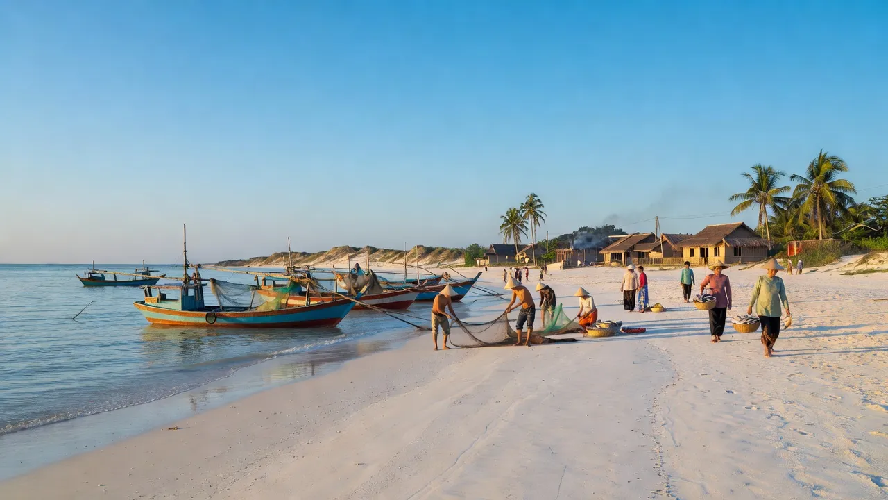 Cảnh Dương, Quảng Bình với thuyền đánh cá, bãi biển, và làng mạc bình yên, Việt Nam.