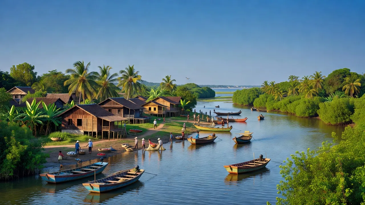 Toàn cảnh xã Cảnh Dương, huyện Quảng Trạch, Quảng Bình với phong cảnh biển và nhà cửa truyền thống.