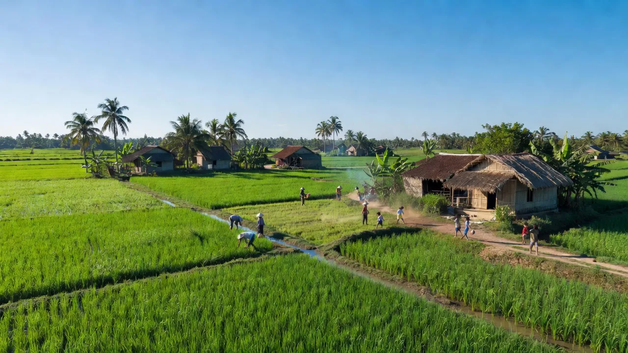 Khung cảnh yên bình xã Phù Cảnh, Huyện Quảng Trạch, Tỉnh Quảng Bình với cánh đồng xanh tươi.