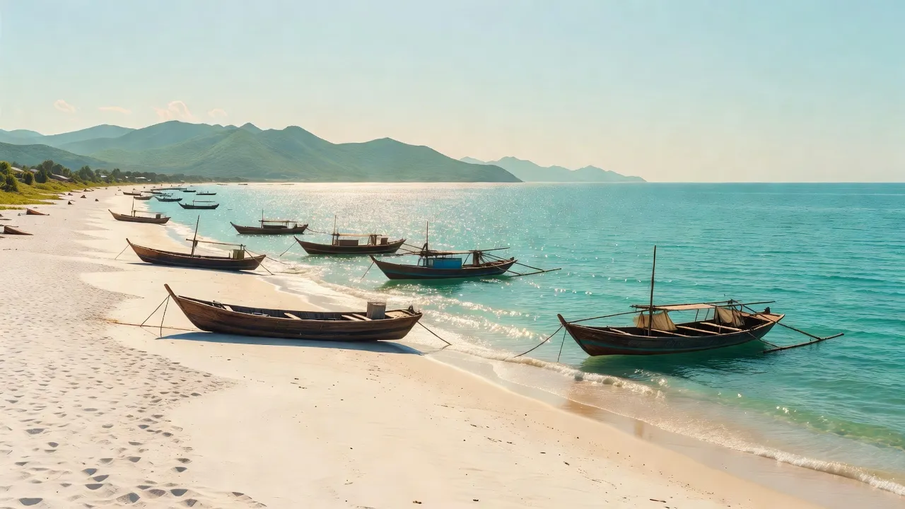 Cảnh biển tại xã Quảng Châu, huyện Quảng Trạch, tỉnh Quảng Bình với bầu trời trong xanh.