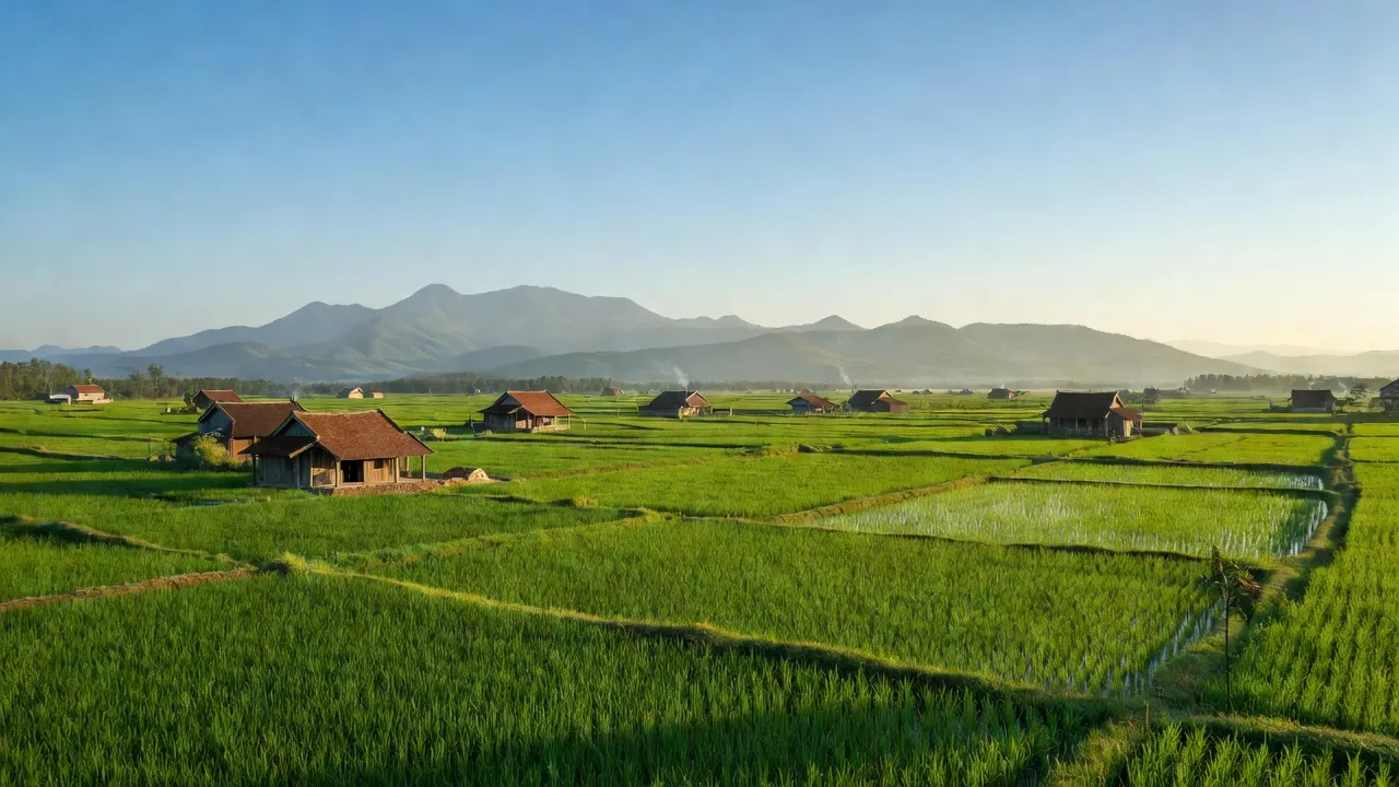 Cảnh quan yên bình xã Quảng Hợp, huyện Quảng Trạch, tỉnh Quảng Bình với đồng ruộng xanh tươi.