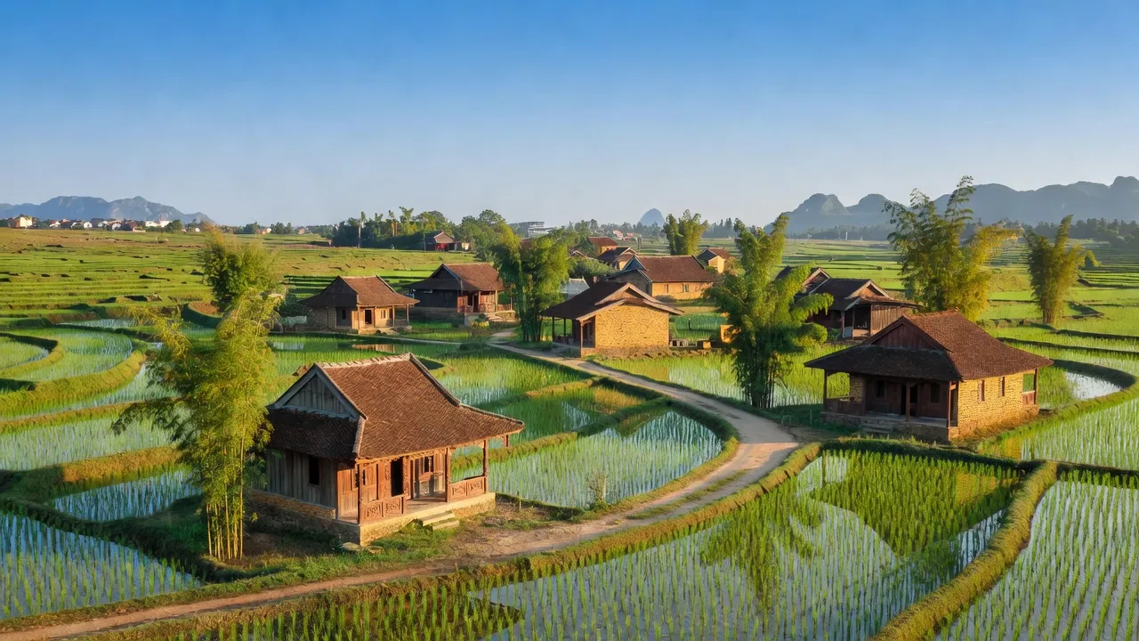 Quang Hop commune, Quang Trach district, Quang Binh with rice fields and Vietnamese houses in clear weather.