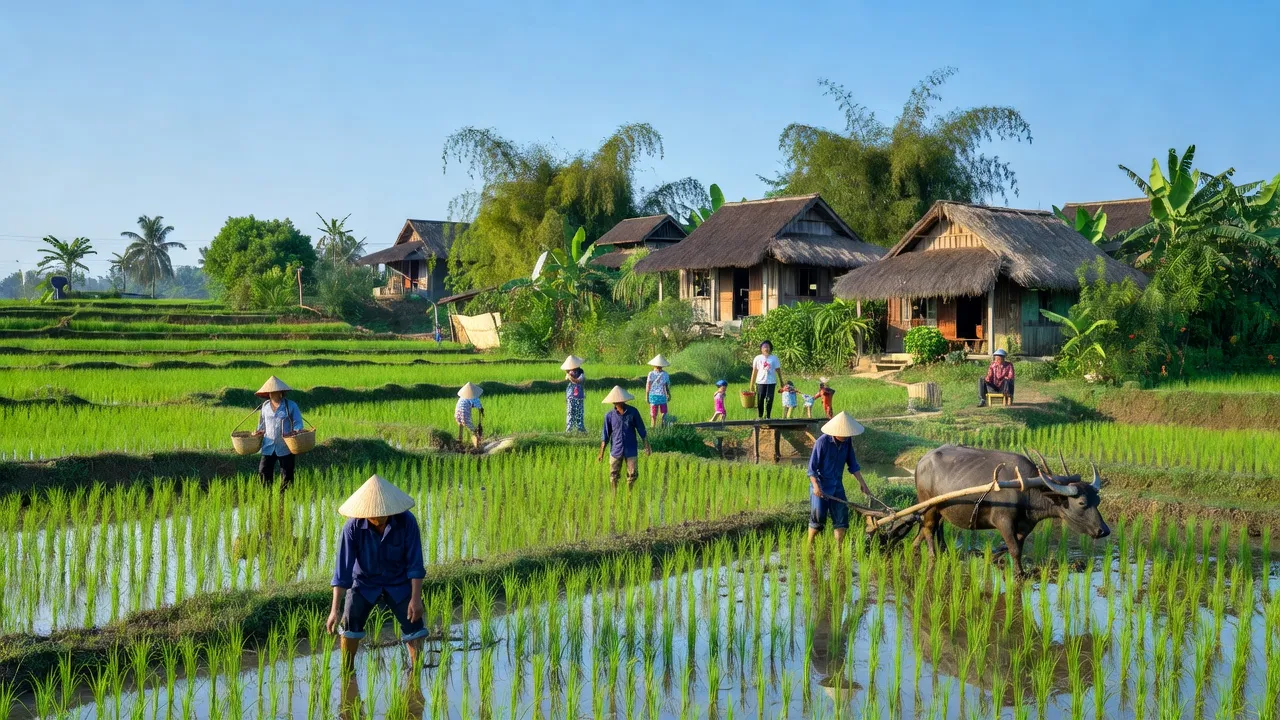Cảnh đẹp nông thôn xã Quảng Hưng, huyện Quảng Trạch, tỉnh Quảng Bình với ruộng lúa và nhà truyền thống.