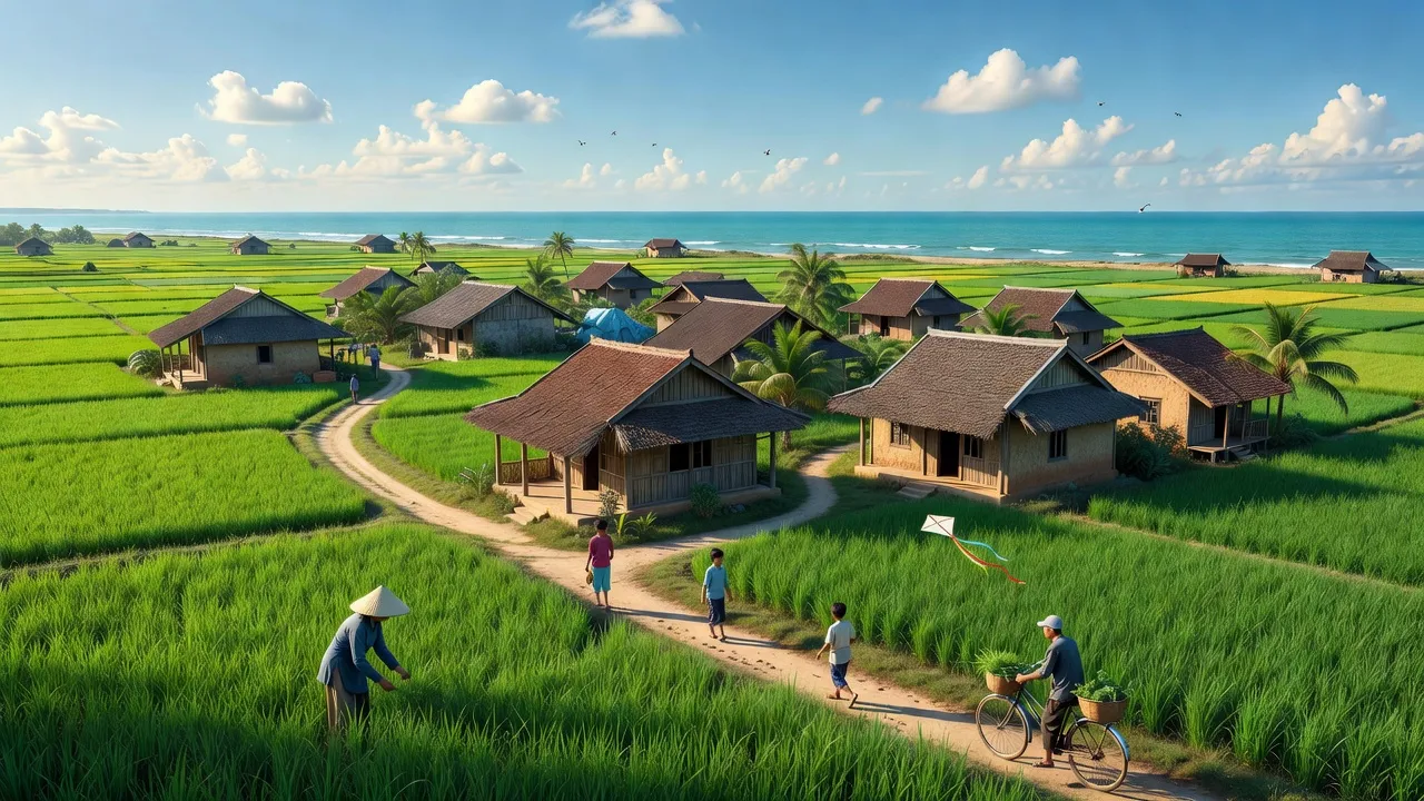 Khung cảnh làng Quảng Kim, huyện Quảng Trạch, tỉnh Quảng Bình, với cánh đồng xanh và nhà truyền thống.