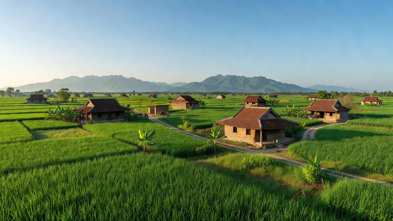 Quảng Lưu, Quảng Trạch with lush greenery and traditional houses, emphasizing the rural charm.