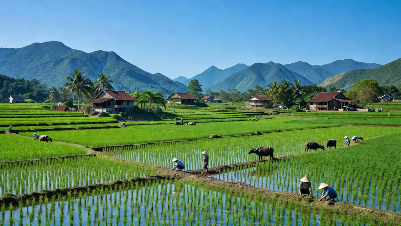 Khung cảnh yên bình của xã Quảng Phú, huyện Quảng Trạch, tỉnh Quảng Bình với ruộng lúa xanh tươi.