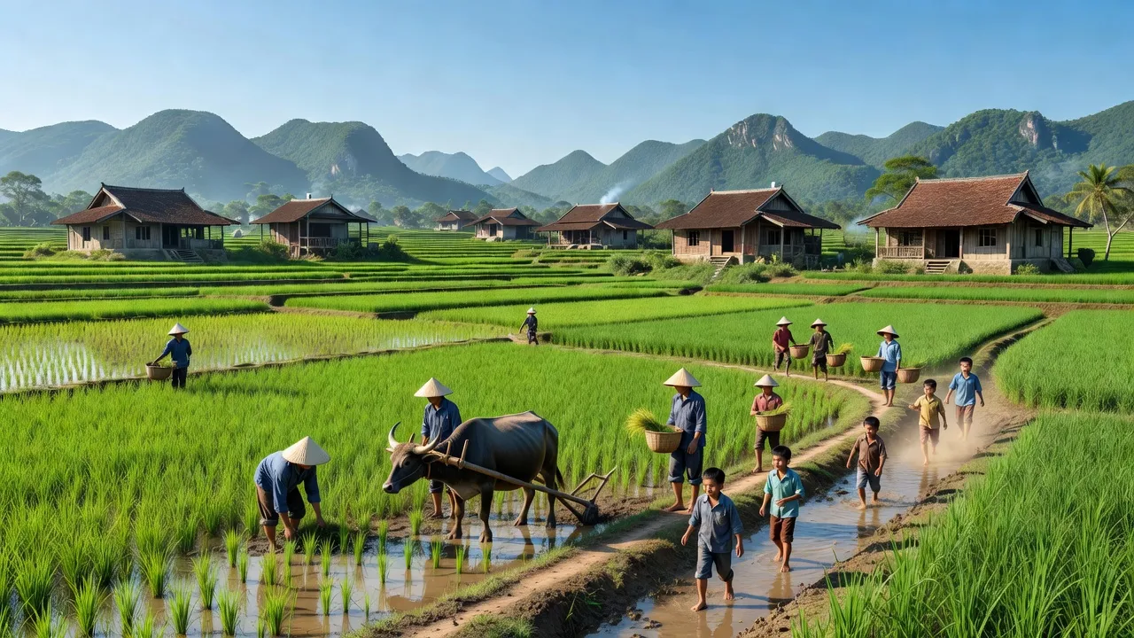 Cảnh đẹp xã Quảng Thạch, huyện Quảng Trạch, tỉnh Quảng Bình với đồng xanh và nhà truyền thống.