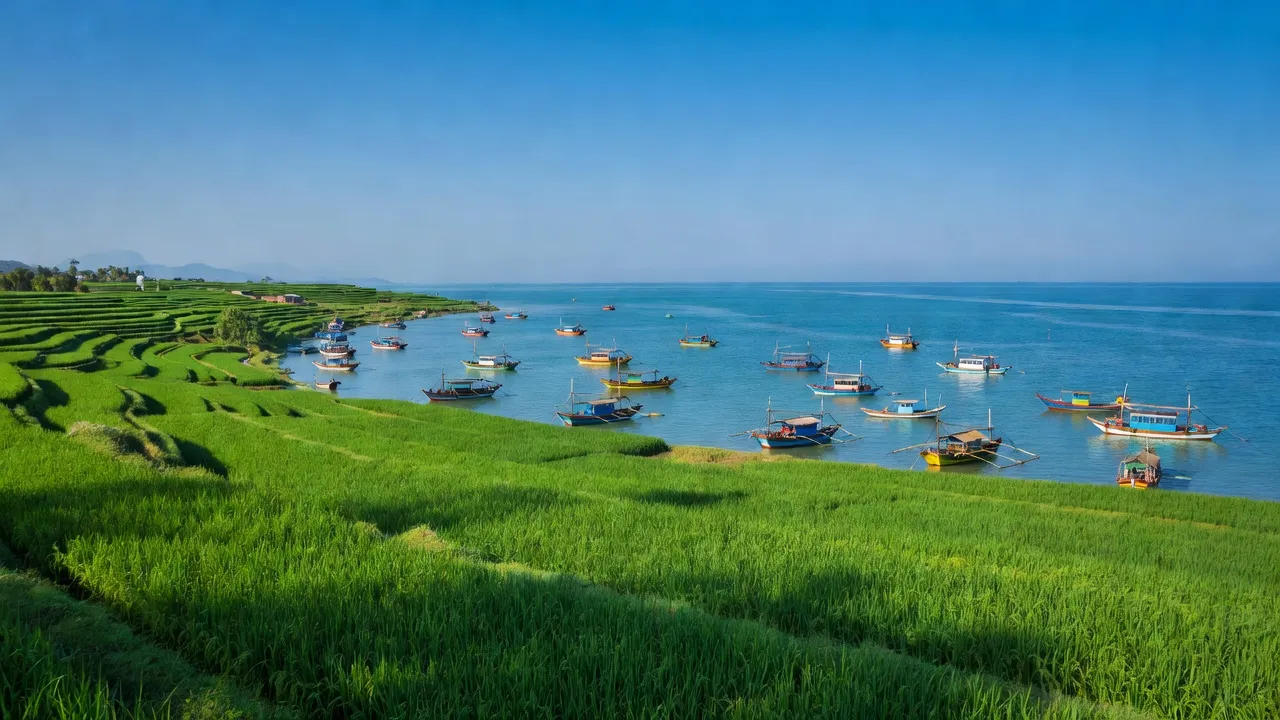 Khung cảnh xã Quảng Thanh, huyện Quảng Trạch, tỉnh Quảng Bình với cánh đồng xanh và biển cả.