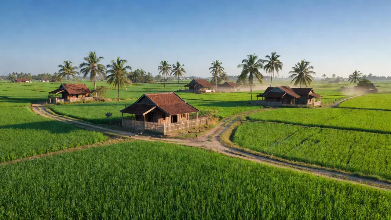 Phong cảnh yên bình xã Quảng Tiến, huyện Quảng Trạch, tỉnh Quảng Bình, với ruộng lúa xanh tươi.